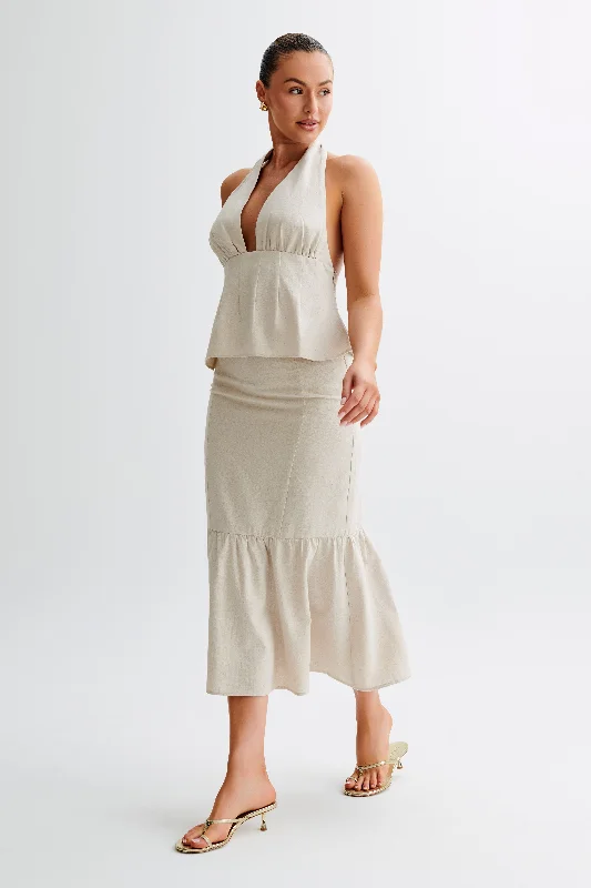 Venezia Linen Midi Skirt With Ruffle - Natural