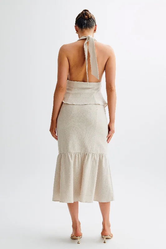 Venezia Linen Midi Skirt With Ruffle - Natural