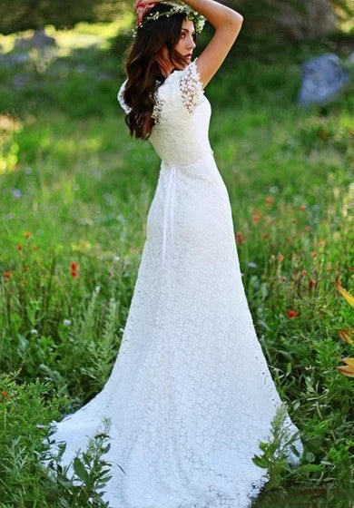 Vintage Country Modest Short-Sleeve Bohemian Sheath Lace Wedding Dress with Beaded Belt