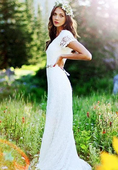 Vintage Country Modest Short-Sleeve Bohemian Sheath Lace Wedding Dress with Beaded Belt