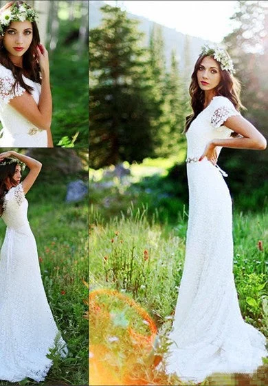 Vintage Country Modest Short-Sleeve Bohemian Sheath Lace Wedding Dress with Beaded Belt