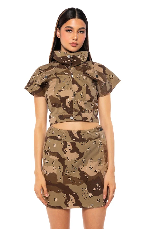 WE RIDE CAMO BUTTON DOWN AND MINI SKIRT SET IN BROWN