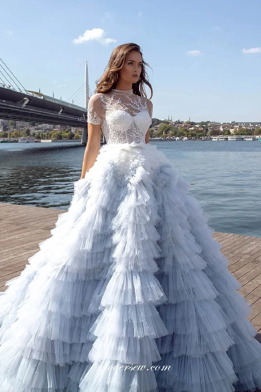 White Light Dusty Blue Ruffles Tulle Beading Lace Tiered Ball Gown Princess Wedding Gowns, CW0376