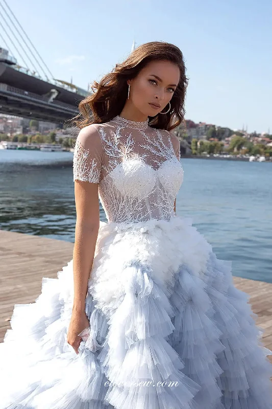 White Light Dusty Blue Ruffles Tulle Beading Lace Tiered Ball Gown Princess Wedding Gowns, CW0376