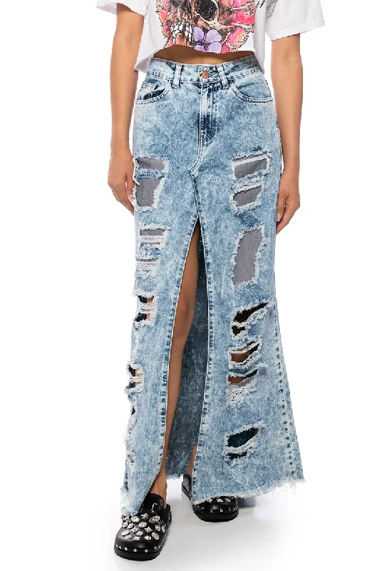 YOUR NEW FAVORITE DISTRESSED FLARED JEAN MIDI SKIRT