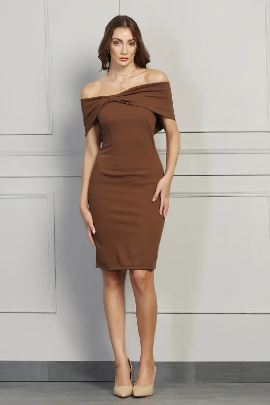 Bardot Bow Detail Midi Dress in Brown