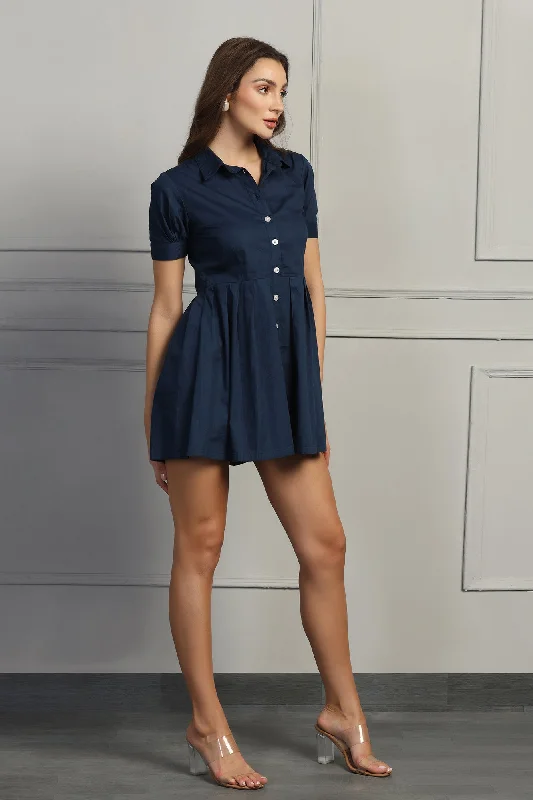 Flare Button-Up Mini Shirt Dress : Navy Blue