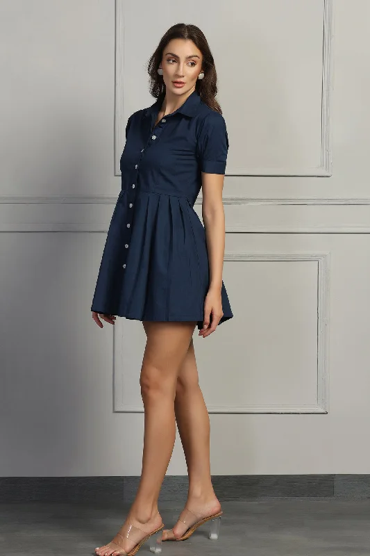 Flare Button-Up Mini Shirt Dress : Navy Blue