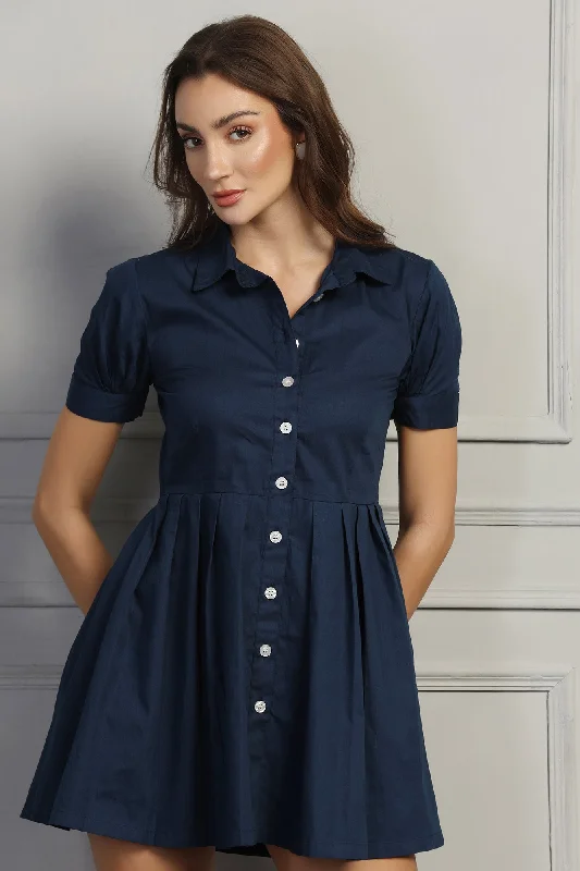 Flare Button-Up Mini Shirt Dress : Navy Blue