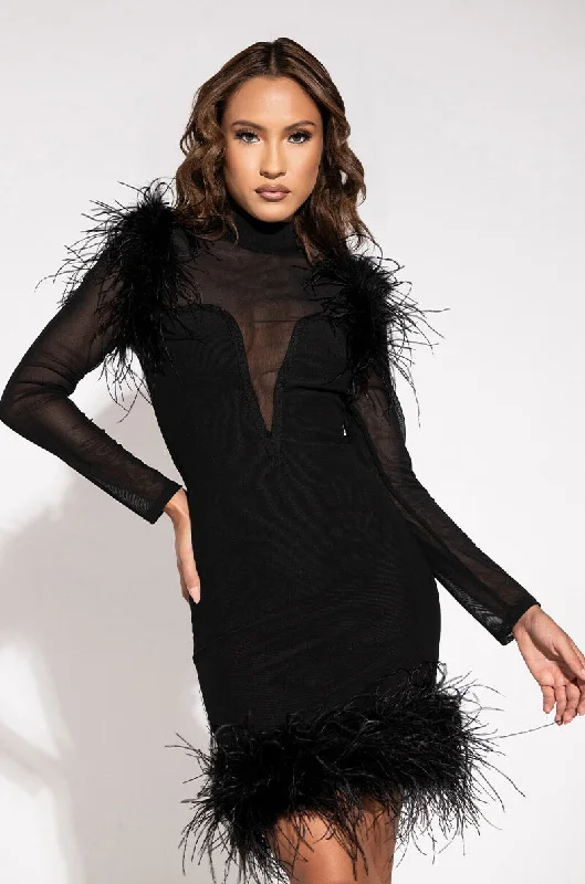 LUXE BANDAGE MESH DRESS WITH REAL FEATHERS BLACK