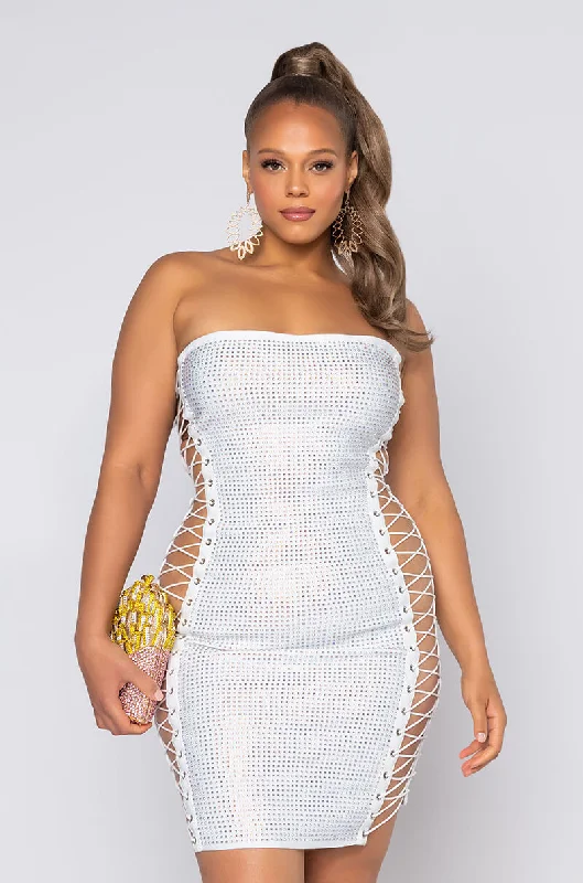 PLUS ALL THE RIGHT PLACES BANDAGE MINI DRESS