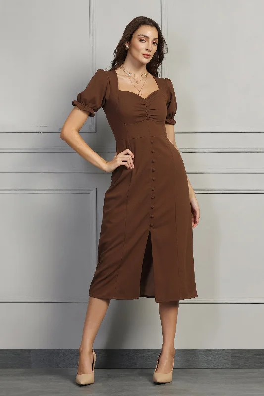 Sweetheart Buttoned Dress - Chocolate Brown