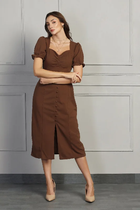 Sweetheart Buttoned Dress - Chocolate Brown