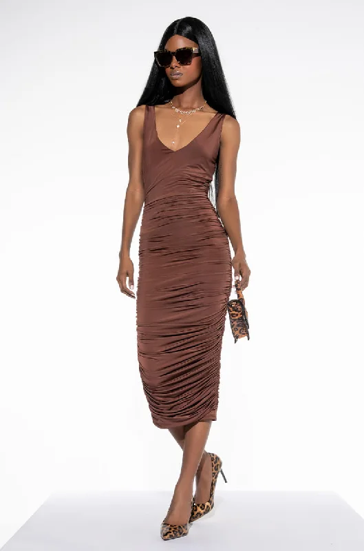 TOO PRETTY FOR YA MIDI RUCHED DRESS