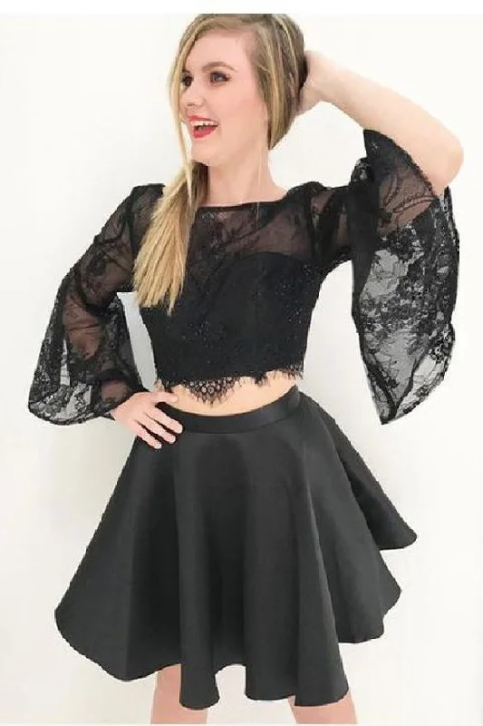 Unbeatable Prices!Two piece black short homecoming dresses, 2 piece bell sleeves cg254 Unbeatable Prices!Two piece black short homecoming dresses, 2 piece bell sleeves cg254