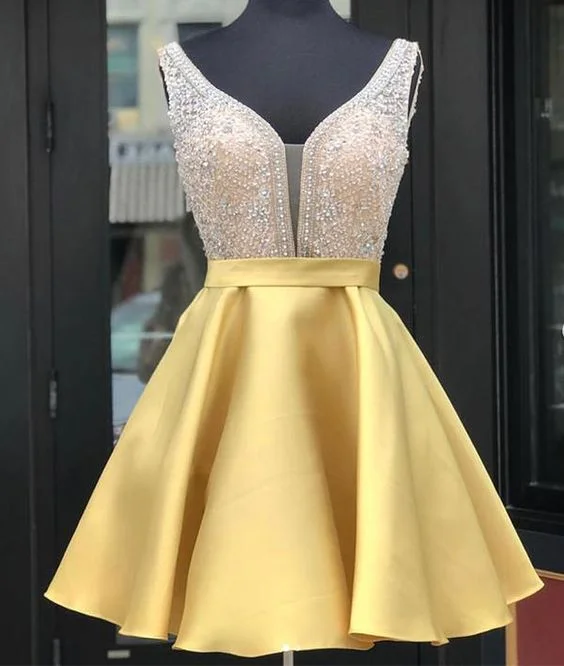 Price Drops You’ll Love!Yellow v neck sequin short homecoming dress, yellow party dress cg292 Price Drops You’ll Love!Yellow v neck sequin short homecoming dress, yellow party dress cg292