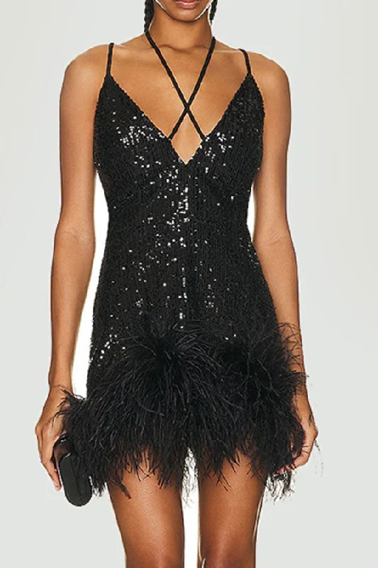 The Best Offers Are Here!Sequined Luxe Lace-Up Feather Hem Mini Dress