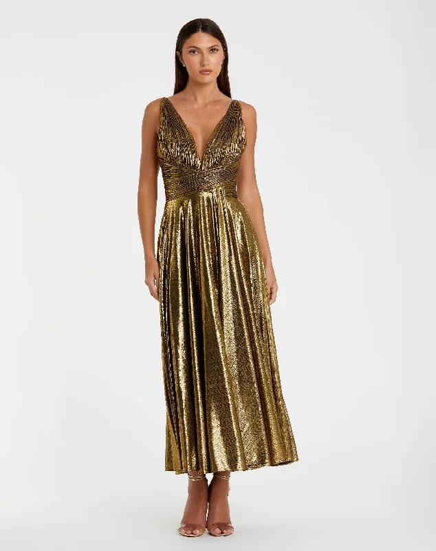Shop Now and Save!Sleeveless V Neck Pleated Top Metallic Dress